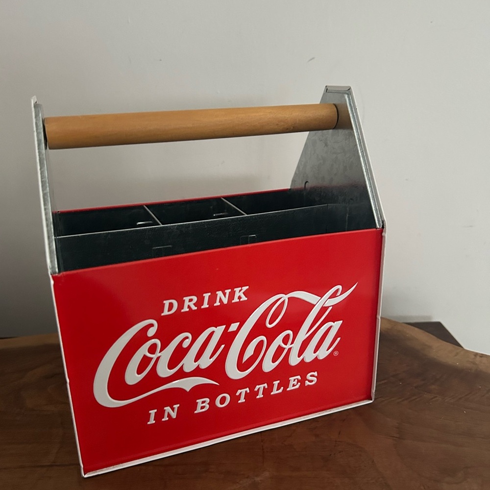Tin Box Compartment Coca Cola Galvanized Tin Utensil Caddy Wood Handle  BBQ